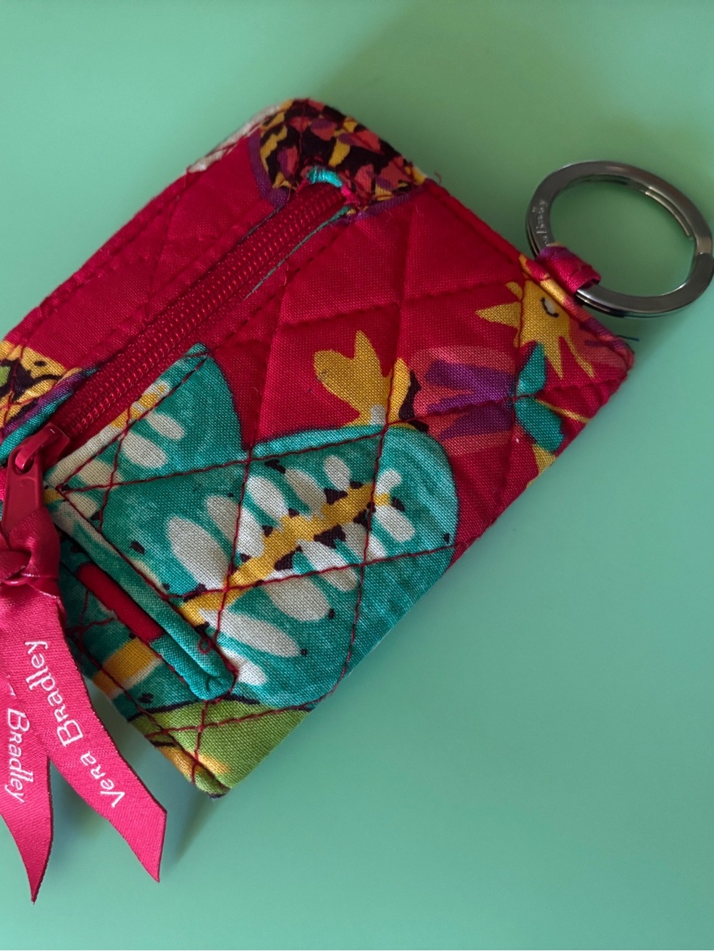 Vera Bradley Quilted Floral Key Pouch / Compact Wallet in Red/Teal